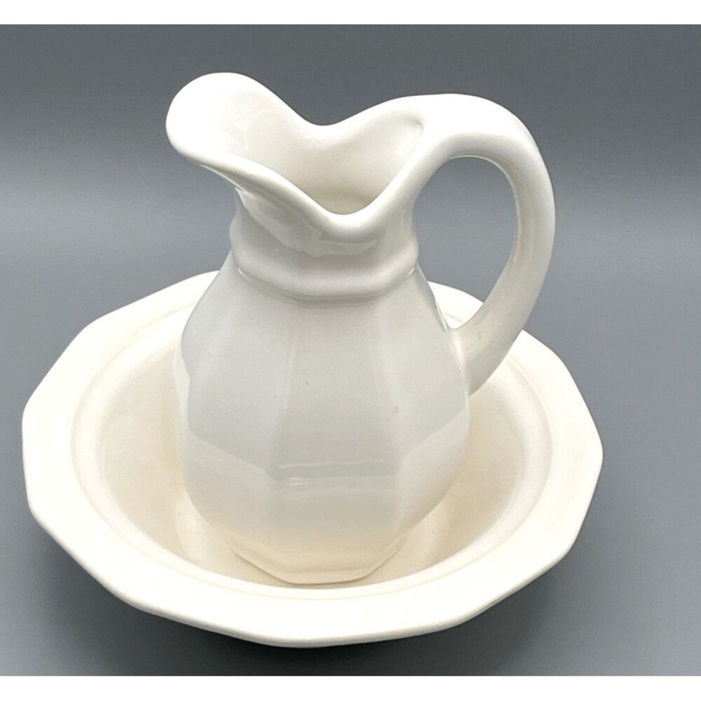 Vtg Pfaltzgraff Small White 8 oz Cream Pitcher Octagonal Bowl Set USA Farmhouse